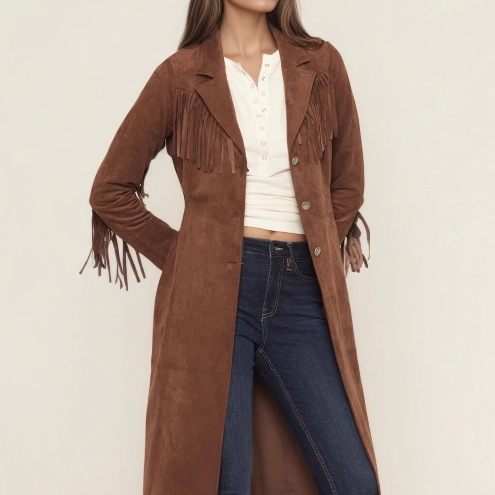 NWT Western Fringe Faux Suede Duster Coat Boho Cowgirl Festival Jacket SZ L